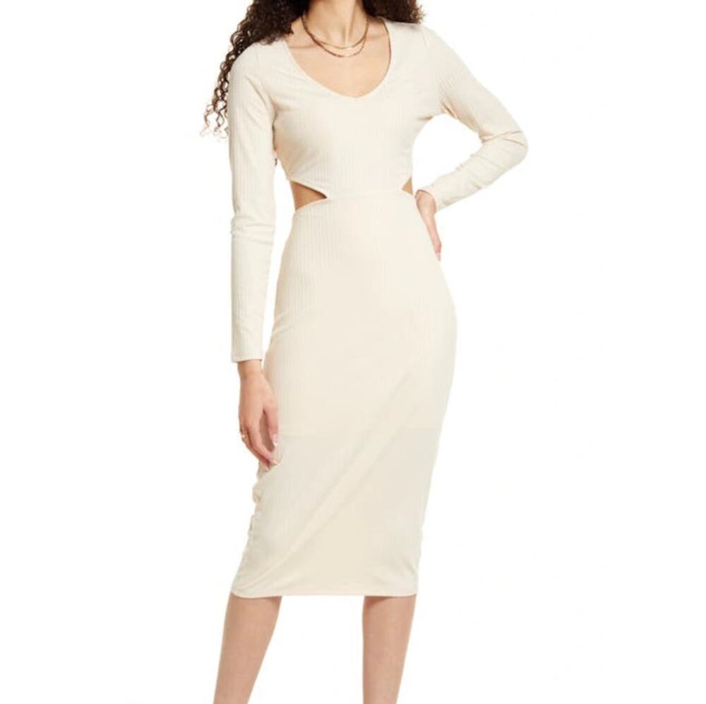 BP. Cutout Long Sleeve Rib Midi Dress in Pink Whisper, Size L